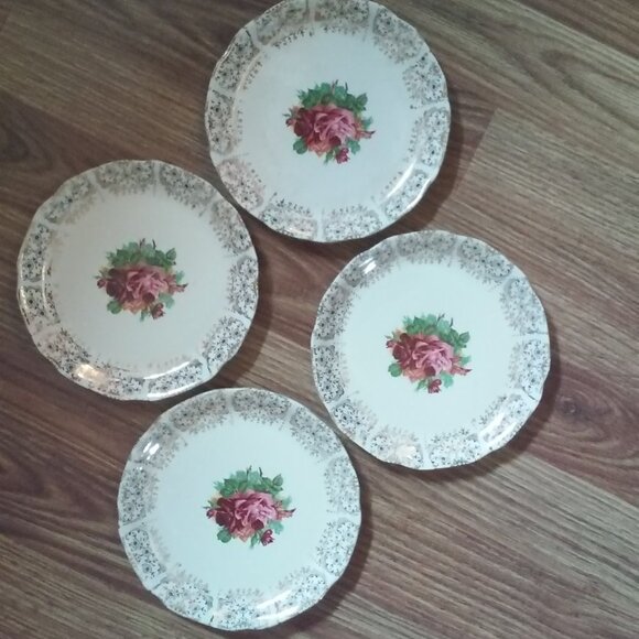 S = Warranted 22 K Other - Vintage Roses 4 Small China Desert Plates 6"  And Bowl 8 3/4" 22K Gold Trim